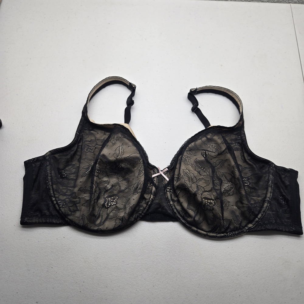 Cacique Women Bra 46DD Black Floral Balconette Underwired Lace Bow